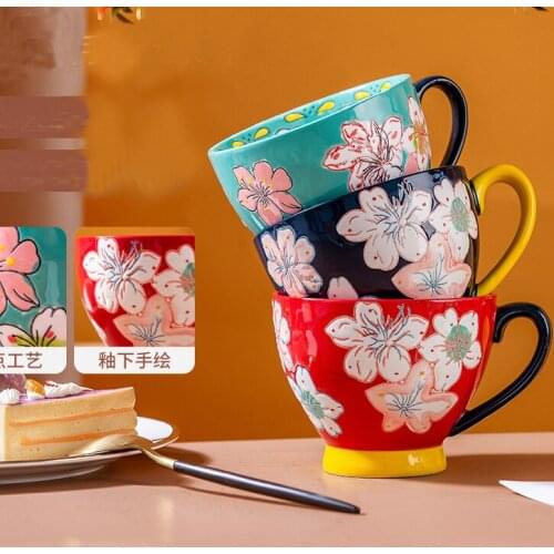 401-500ml Printed Ceramic Japanese Milk Coffee Cup, Hand-painted Juice Cup with Handle, Breakfast Cereal Cup with Heat-resistant