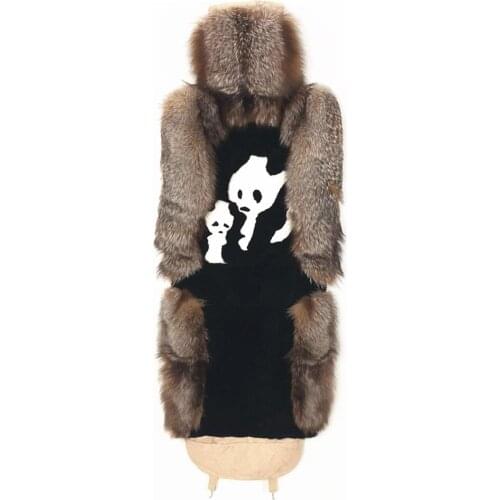 Autumn Winter Warm Chinese Panda Style Leather Car General Real Fox Rex Rabbit Fur Seat Cover Size 130 X 54cm Black