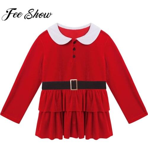 Kids Girls Christmas Costume Long Sleeve Ruffle Hem A-line Dress with Waistband Xmas New YearOutfit for Party Stage Performance