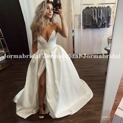 Sexy High Split Ivory Wedding Dresses Long Satin V-neck Women Bridal Gowns Strapless A-line Sweep Train Vestido de noiva