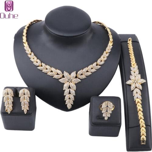 Exclusive Dubai Gold Color Jewellery Luxury Full Rhinestone Necklace Earring Bracelet Ring Party Costume Jewelry Set for Women