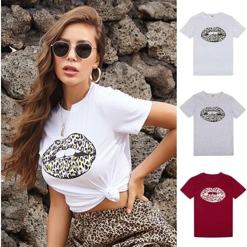 Lovely Leopard Lips Graphic Tees Women Tops T-shirts Creative Pattern Casual Loose O Neck T-shirts 2021 Summer Fashion Clothing