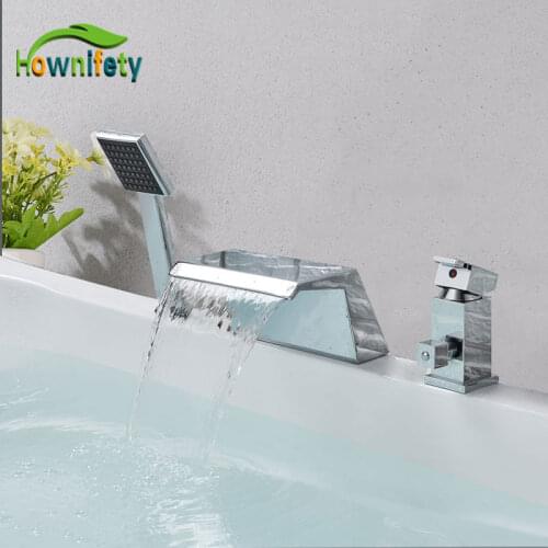 Chrome Polished Bathroom Sink Faucet Single Handle Hot & Cold Mixer Tap Waterfall Spout Solid Brass Faucet ABS Hand Shower