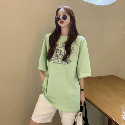Summer college style cartoon letter printing half-sleeved mid-length loose cotton T-shirt women