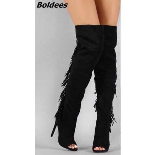 Extraordinary Women Black Suede Back Flowing Fringe Stiletto Heel Knee High Boots Chic Peep Toe Side Zip Long Boots New Design