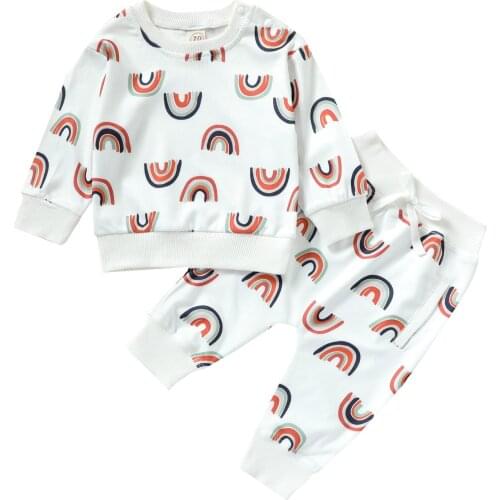 New Children Rainbow Print Clothes Set, Girls Long Sleeve O-neck T-shirt + Drawstring Trousers