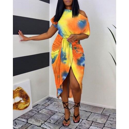 Summer Womens Dress 2021 Sexy Tie Dye Print One Shoulder Wrap Dress Ruched Dip Hem Casual Vintage Bodycon Party Dresses