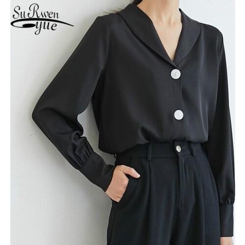 Casual Black V-collar Long Sleeves Chiffon Shirts Korean Style Women Blusas Mujer De Moda 2019 Lantern Sleeve Women Tops 6456 50
