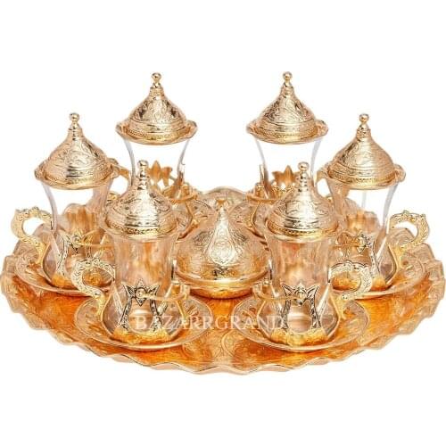 TURKISH TEA SET ELEGANT SIX-PIECE CHIC UNIQUE GOLD OR SILVER OR ANTIQUE COPPER OR TIN OR ANTIQUE YELLOW COLORS DESIGNED WITH 27