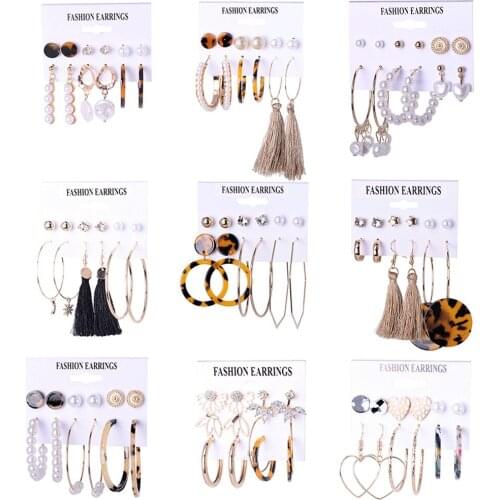 Vintage Tassel Acrylic Earrings Set For Women Bohemian Stud Earrings Set Big Dangle Piercing Ball Brincos Female Fashion Jewelry
