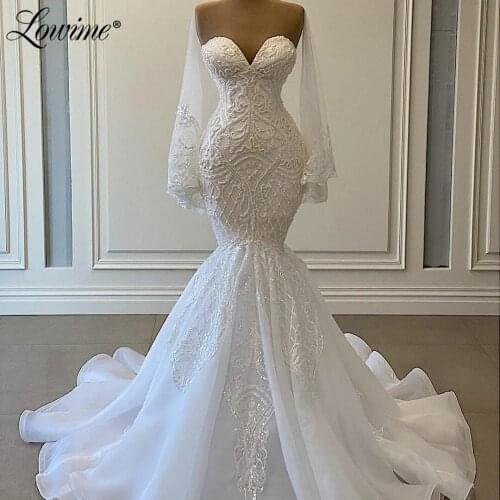Pearls White Mermaid Wedding Dresses 2021 Plus Size Custom Made Applique Beading Bridal Gowns Muslim Bride Wedding Gowns