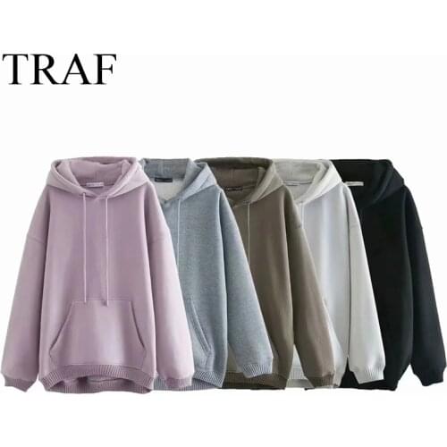TRAF ZA Womens Clothes 2021 Fashion Pockets Oversized Hoodies Sweatshirts Vintage Long Sleeve Fleece Female Pullovers Chic Tops