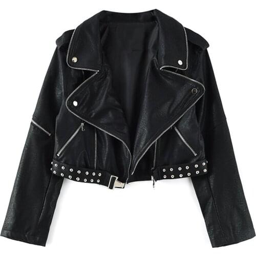 Black Short Slim Faux Leather jacket Women Autumn 2021 Casual soft PU Motorcycle Punk Leather Coat Female Zipper Rivet Outerwear