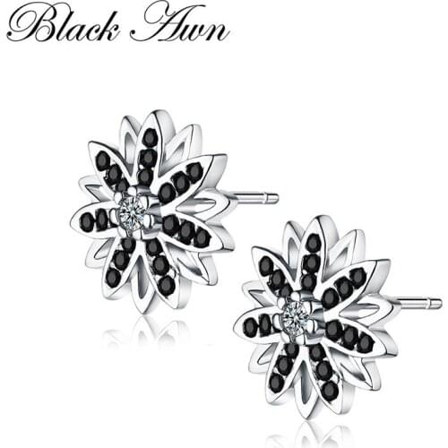 Romantic Genuine 925 Sterling Silver Fine Jewelry Flower Black&White Stone Engagement Stud Earrings for Women T119