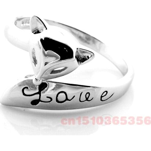 Real 925 Sterling Silver Resizable Fire Fox Love Letter Carving Ring For Women Female Fashion Accessories Jewelry Antiallergic