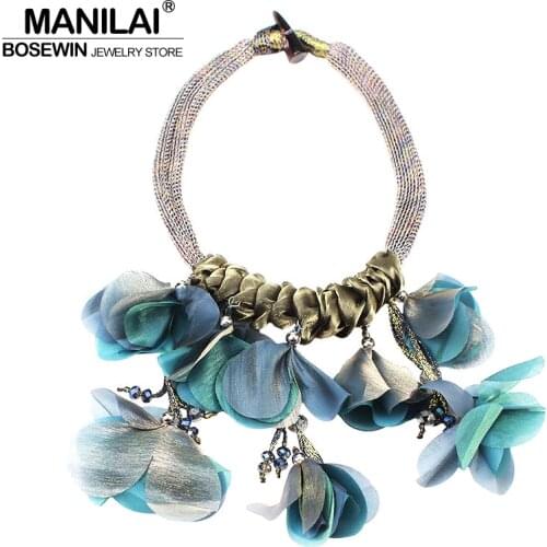 MANILAI Big Flower Chokers Necklaces for Women Fashion Crystal Beads Statement Pendant Necklace Wedding Party Jewelry