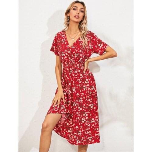 Womens Summer Small Floral Print Short-Sleeved Dress Fashion High Street Style V-Neck High Waist Mid-Length Dress Femme Robe
