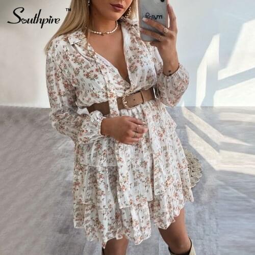 Southpire Lace Up Neck Flower Print White Dress Women 2021 Long Sleeve Chiffon Casual Party Dress Daily Ladies Clothing No Belt