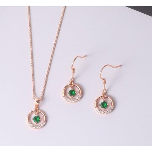 ZHOUYANG Jewelry Set For Women Retro Cute Hollow Micro-inlaid Green Zircon Rose Gold Color Necklace Earrings Bride Jewelry S525