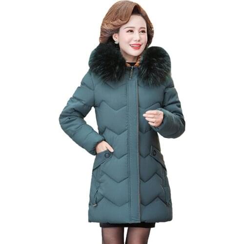 Winter Long Down Cotton Coat New Temperament Middle-aged Mom Thick Warm Jacket Hooded Big Fur Collar Black Coats Female JD1768