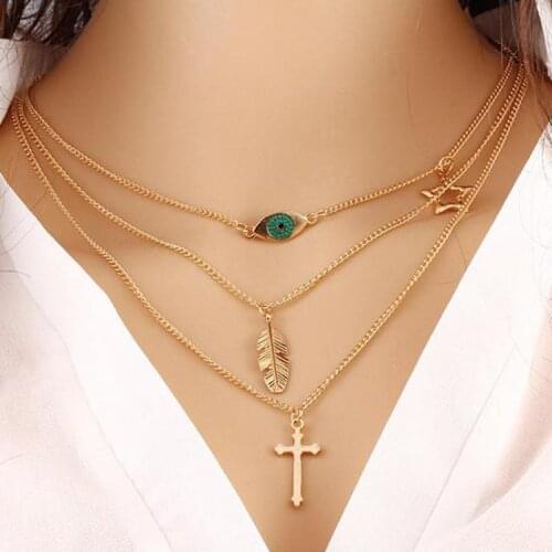 Gold Multi Layered Feather Cross Necklace Choker Necklaces & Pendants Bridesmaid Jewelry Statement Necklace Colar Bijoux Femme