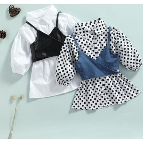Children Girl 2Pcs Fall Outfits Long Sleeve Button Down Lapel Dress Tie Up Wrap Camisole Set Kids Clothes