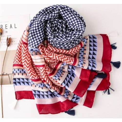 2021 Newest Women Geometry Printed Scarf Cotton Tassel Scarf Quality Scarf Shawls Wraps Hijabs