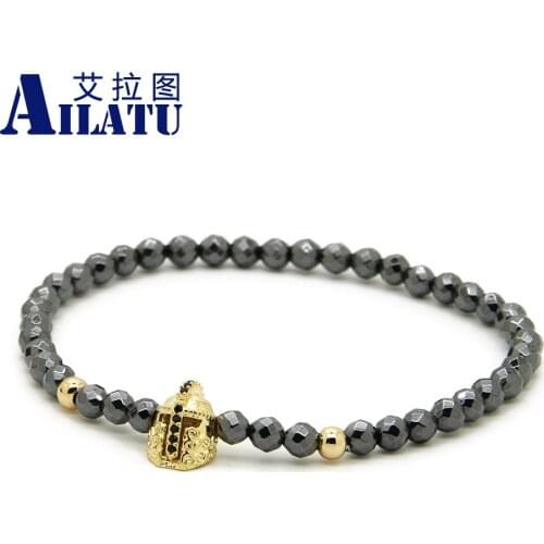 Ailatu Bracelets 10pcs/lot Micro Pave Small Spartan Helmet with 4mm Faceted Hematite Stone Beads New Design Party Gift