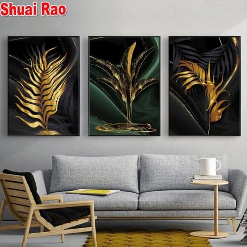 3 pieces Leaves Painting Gold diamond painting Abstract Plant diamond mosaic cross stitch embroidery full round 100% square dril