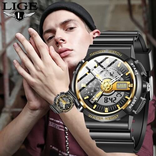 LIGE New G Style Shock Men Watches Digital Quartz Dual Display Wristwatches Shockproof Waterproof Military Army Sport Watch Men