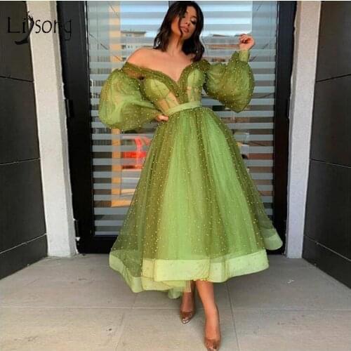 Elegant Mix Color Green Pearls Evening Dresses 2020 A-line Ankle Length Puff Full Sleeves Formal Party Dress Off The Shoulder