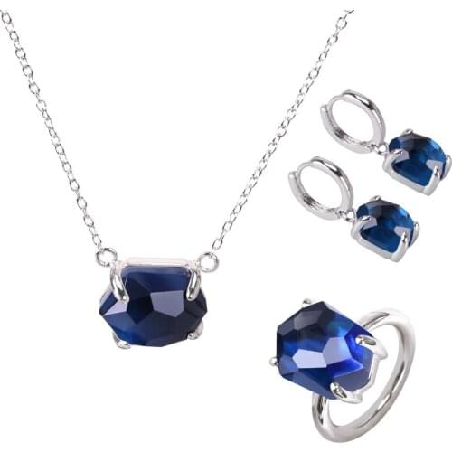 Kayfany 2021 New Irregular Wedding Necklace-Earrings-Ring Blue Cryst Plated Platinum Jewelry Set For Women Girlfriends Gift