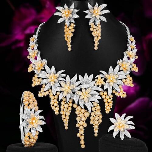 Missvikki Nigerian Luxury Flowers Leaf Full Cubic Zircon Necklace Earring Bangle Ring 4PCS Jewelry Sets For Women Wedding