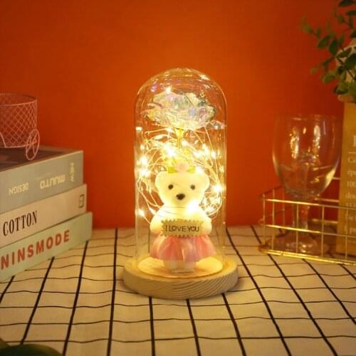 Gold Foil Rose Flower Bear in Glass Dome with LED Night Light Mothers Day Valentines Day Gifts Wedding Party Decoration