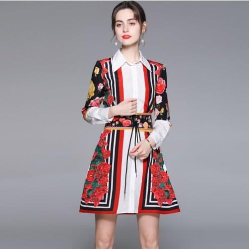 Menahem Elegant Striped Rose Flower Printed Shirt Dress 2021 Summer Women Long Sleeve Button Down Lace-up Diamonds Bow Dress