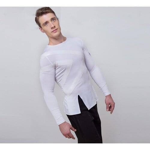 New High Quality White Men Men Latin Dance Tops Sale Cha Cha Rumba Long Sleeves Spandex Practice Shirt Stage Dancing Wear