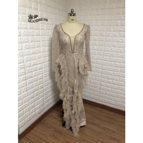 Real made bling bling gold evening gown long sleeve formal dress vestido sirena rufflies skirt elegant evening dresses 2019 XD99