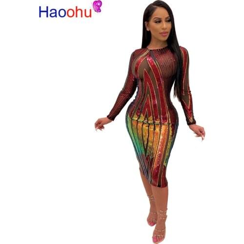 HAOOHU Colorful Sequins Sheer Mesh Bodycon Dress O Neck Long Sleeve Sheath Midi Night Club Party Dresses 2019 New Vestidos