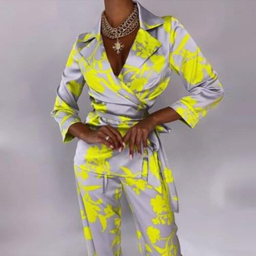Womens Suit Autumn Turn-Down Collar Long Sleeve Tops + Trousers Women Clothes Two Piece Set 2020 Chic Printed Woman Outfit