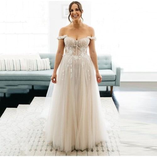 2020 Summer Boho Beach Wedding Dresses A Line Off the Shoulder Bride Dresses Tulle Lace Appliques bride Gown Vestidos de novia