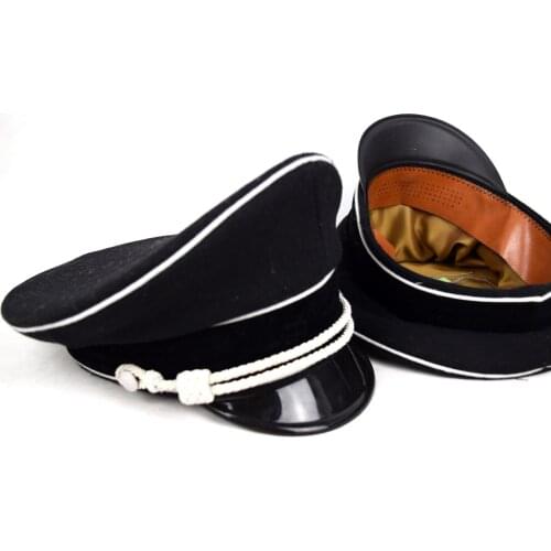 Replica WW2 German Elite Officers Wool Visor Hat W White Chin Pipe Silver Cord Black