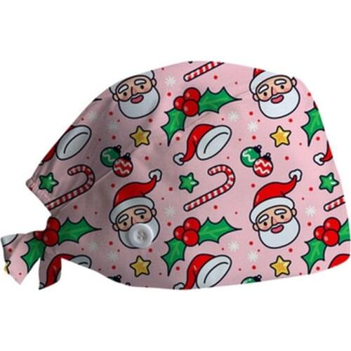 Christmas Caps with Buttons Cartoon Printed Scrub Hats Washable Breathable Bandage Cap Workwear Nursing Beauty Salon Accessories
