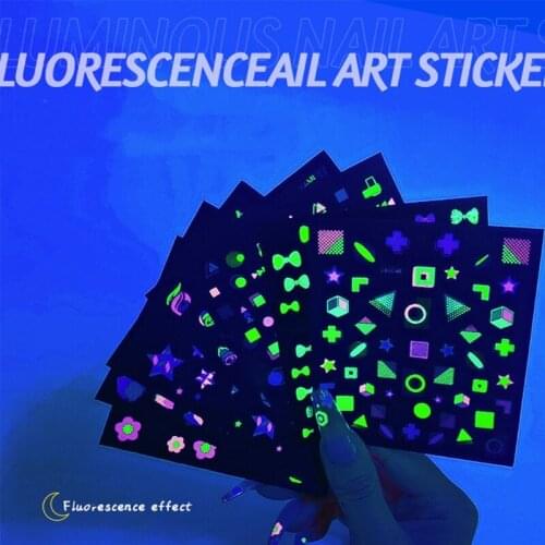 Q1QD Luminous Nail Art Stickers Decals 3D Self-adhesive Fluorescent Color Geometric Flower Bow Design