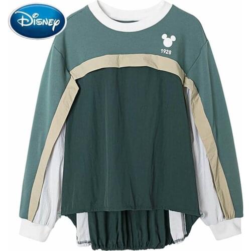 Disney Sweatshirt Fashion Minnie Mickey Mouse Cartoon Print Contrast Color Patchwork Women O-Neck Long Sleeve Loose Tops Female