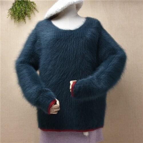 Loose casual female women clothing hairy plush mink cashmere thick warm round neck loose pullover angora fur jumper sweater pull