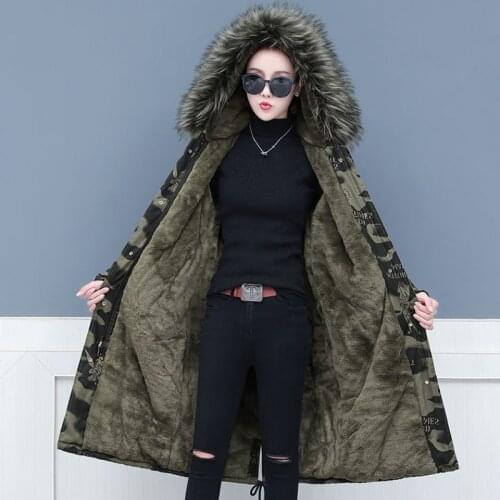 High Quality Winter Parka Women Plus Velvet Thick Camouflage Jacket Big Fur Collar Padded Coat Long Windproof Warm Outwear KW351
