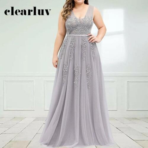 Appliques Women Party Dresses DR1536 Double V-Neck Robe De Soiree Gray A-Line Evening Dress Backless Plus Size Formal Long Gowns