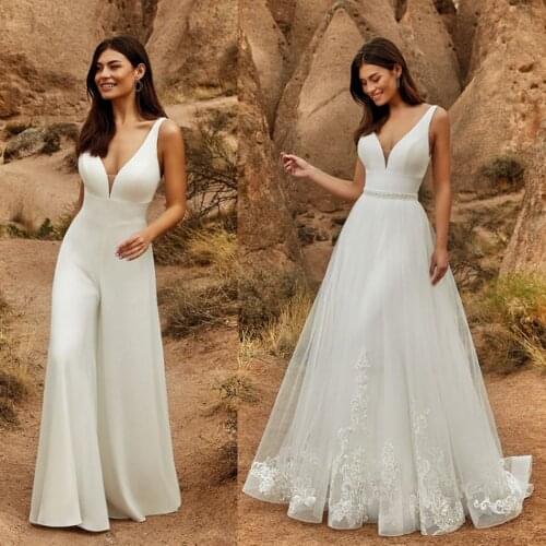 Jumpsuits Wedding Dresses With Detachable Skirt Beaded Lace Wedding Dress Bridal Gowns V Neck Vestido Country robe de marié