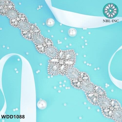 （30PCS）Wholesale hand beaded bridal silver crystal rhinestone applique belt iron on sew on for wedding dress WDD1088