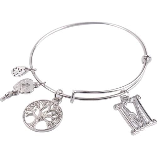 5PCS Fashion Silver Color Tone Initial M Letter Expandable Wire Bangle #91296